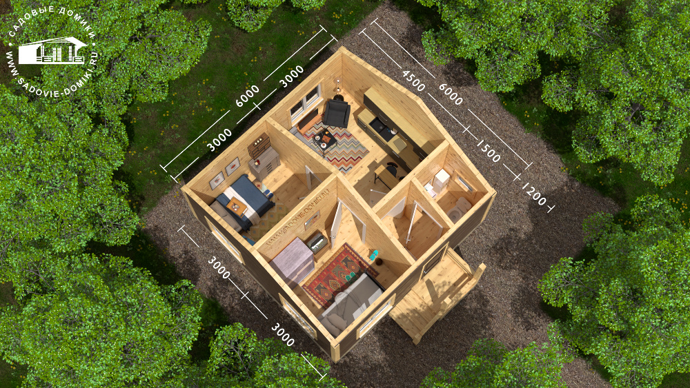 Планировка дома 6х6: спальня, кухня, рабочий кабинет, санузел, прихожая, крыльцо