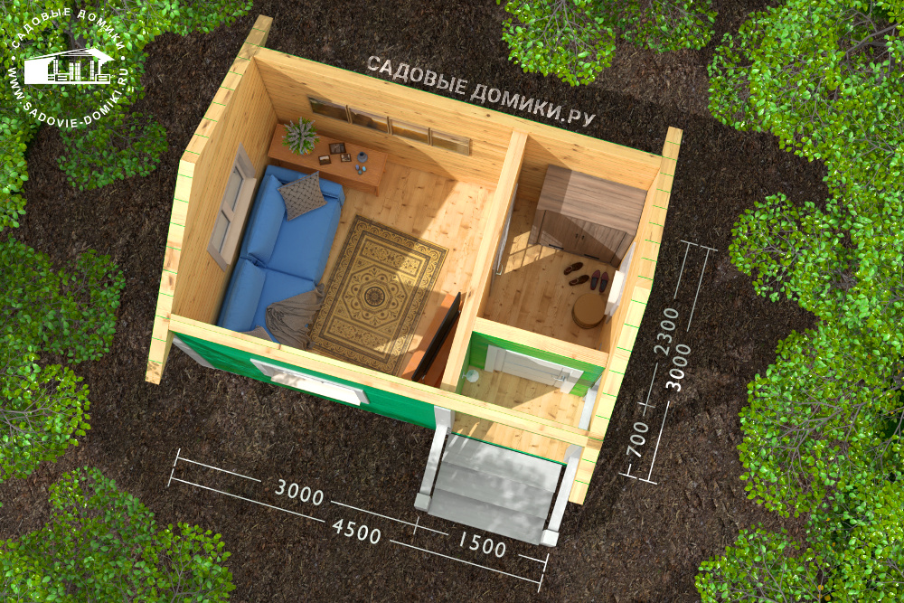 Планировка домика 4,5х3: крыльцо, прихожая, комната отдыха