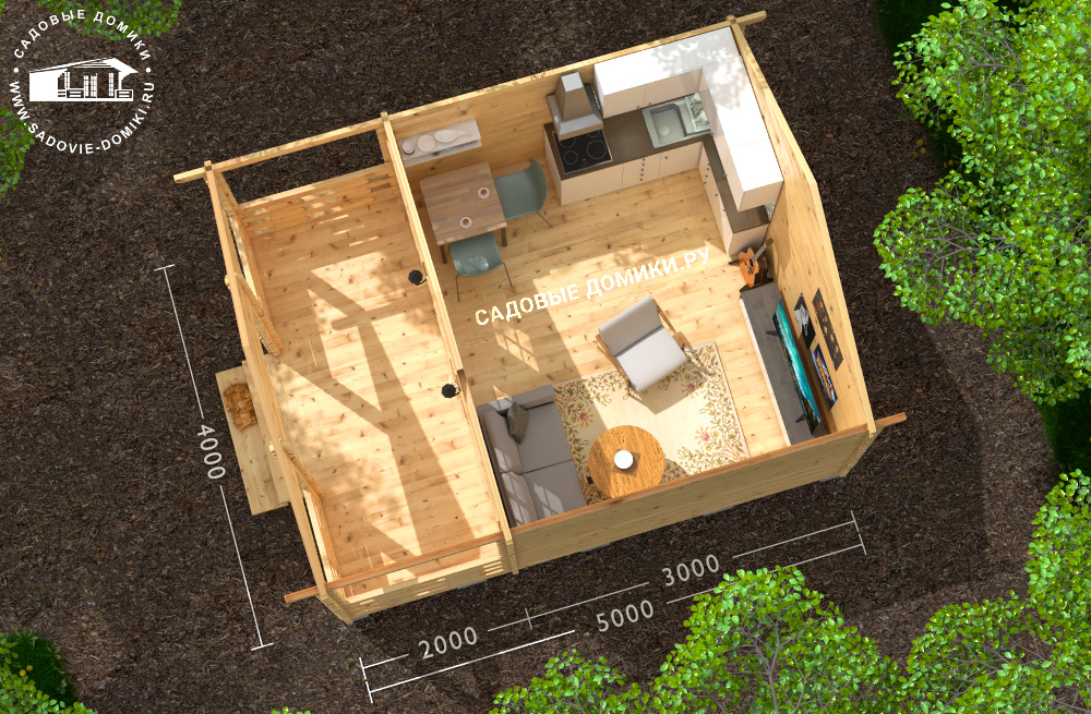 Планировка домика 4х5: открытая терраса 4х2 м и жилая комната 4х3 м