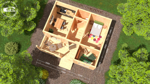 Планировка дома 7х6: крыльцо, холл, санузел, кухня, гостиная, спальня