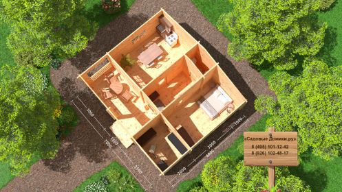 Планировка дома 7х6: холл, санузел, кладовка, кухня, спальня и терраса